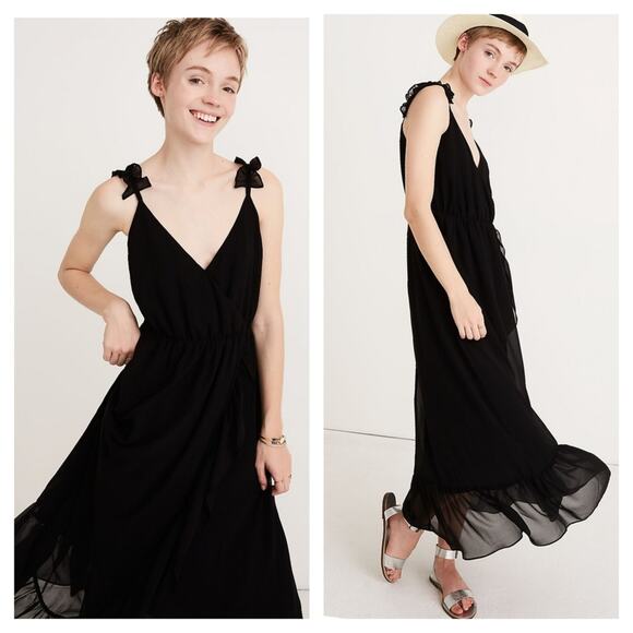Madewell Ruffle-Strap Midi Faux Wrap Dress in Black Petite 6P - Picture 1 of 8